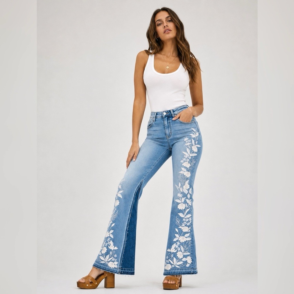 Liverpool Jeans Company Light Blue Floral Embroidered Flare Jeans